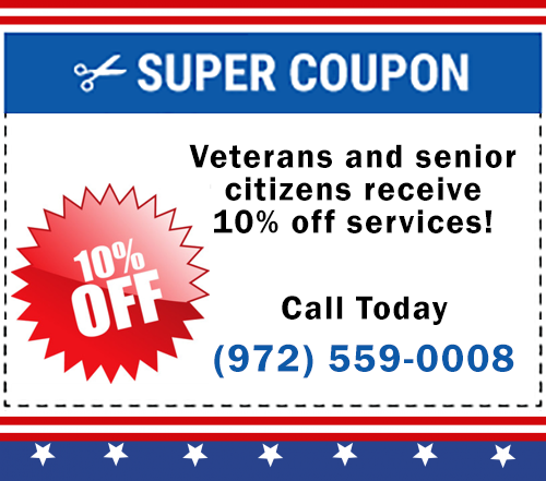 A red white and blue coupon graphic. Text reads: Super coupon: 10% off! Veterans and senior citizens receive 10% off services! Call today: (972) 559-0008